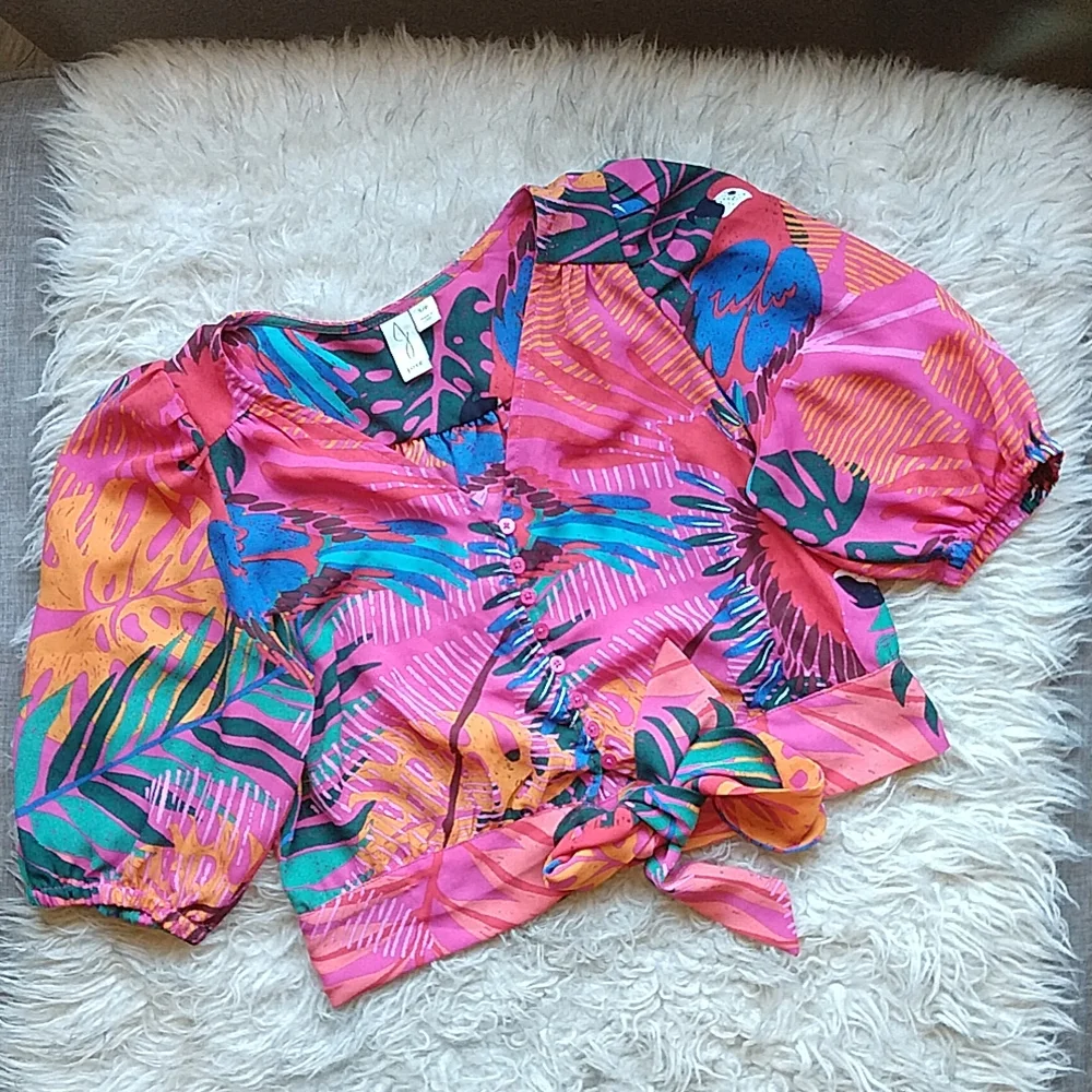 Joie Tropical Rio Parrot Cropped Balloon Sleeve Button Down Tie Front Top S